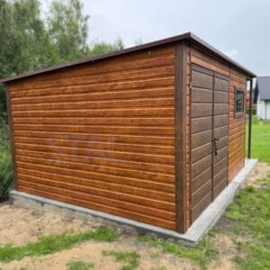 Nowoczesny Domek ogrodowy z Wiatą 5×3,5 m Złoty Dąb / Orzech | Lamele | Okno | Profil