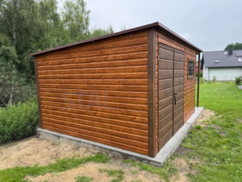 Nowoczesny Domek ogrodowy z Wiatą 5×3,5 m Złoty Dąb / Orzech | Lamele | Okno | Profil