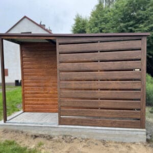 Nowoczesny Domek ogrodowy z Wiatą 5×3,5 m Złoty Dąb / Orzech | Lamele | Okno | Profil