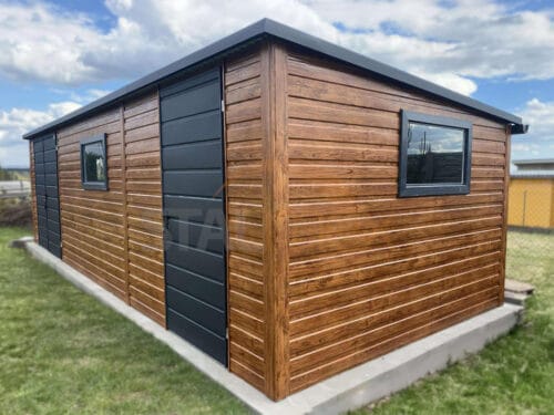 Nowoczesny Domek ogrodowy 8x3 m drewnopodobny Złoty Dąb / Grafit | Blachodachówka | Profil