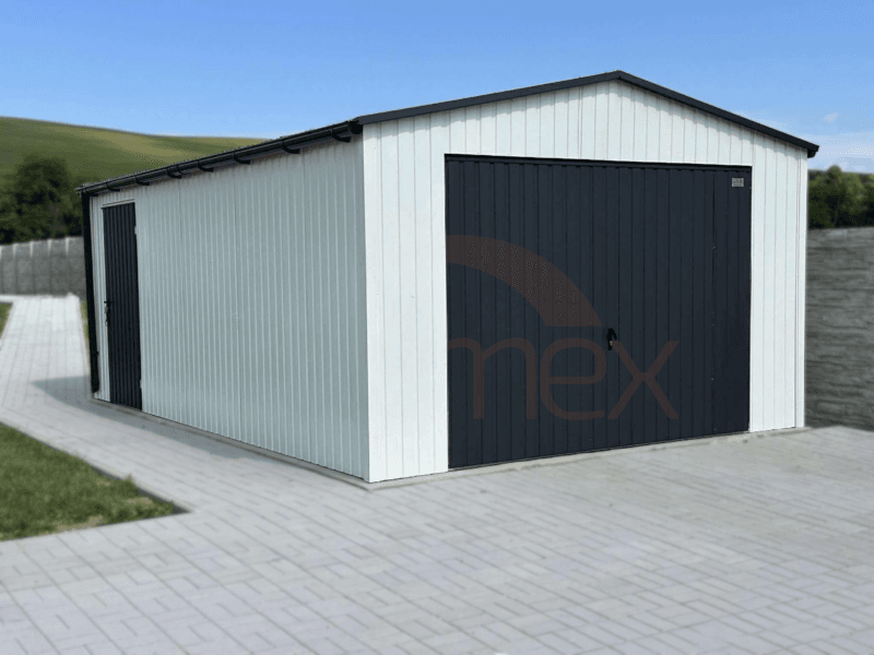 GK159_1 Garaż blaszany 4x6m RAL 9010 | Podwyższony 2,60m | Brama + Drzwi | Okno | Profil