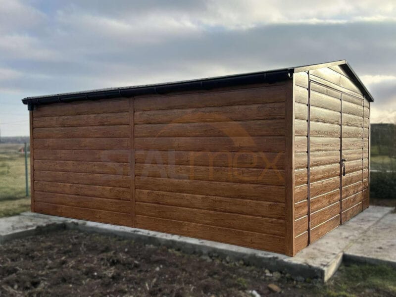 GD139_2 Garaż blaszany drewnopodobny 4x5m Złoty Dąb | Poziomy Panel | Rynny | Profil