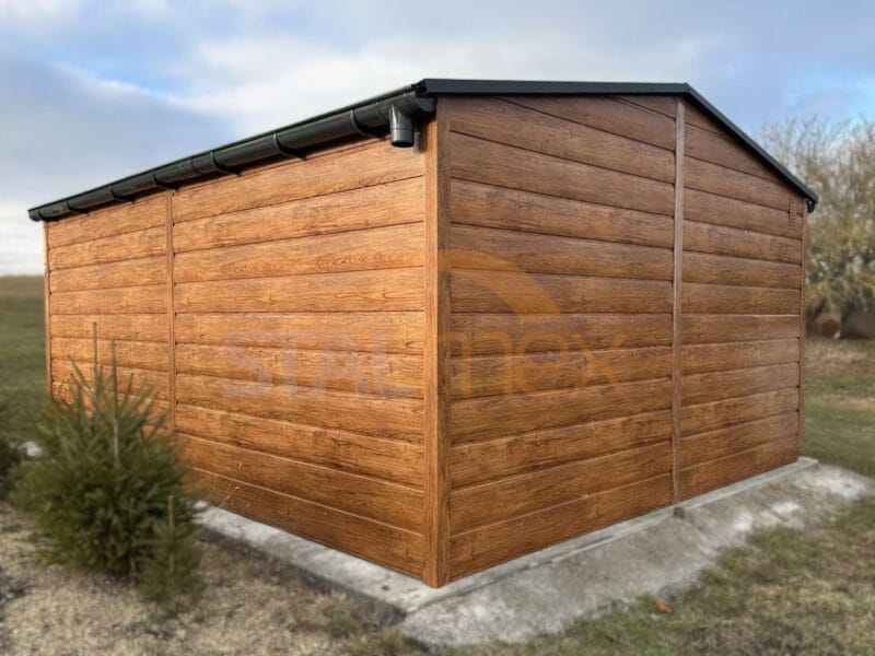 GD139_3 Garaż blaszany drewnopodobny 4x5m Złoty Dąb | Poziomy Panel | Rynny | Profil