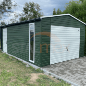 GK161_1 Garaż blaszany 4x6m Zieleń Mat BTX 6020 / Biały RAL 9010 | Osobne Drzwi i Rynny | Okno FIX | Profil